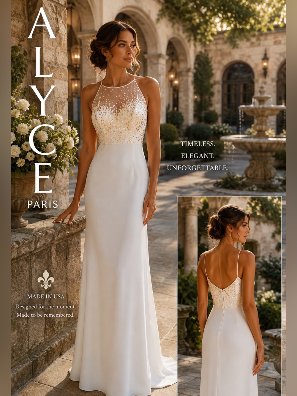 Alyce Designs Illusion Sequin VTG Gown Open Back Made USA Wedding Dress Size 4